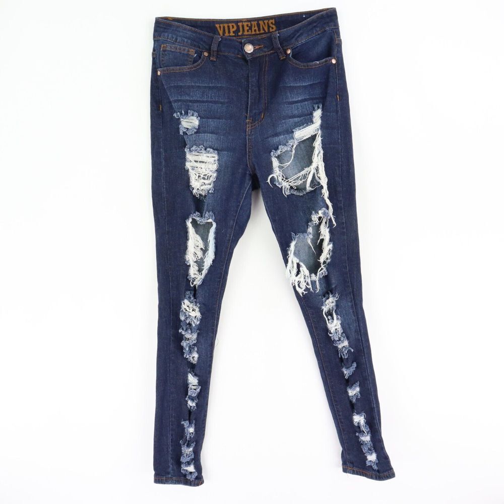 VIP Skinny Jeans High Rise Distressed Destroyed Juniors Size 7/8‎ Blue Dark Wash